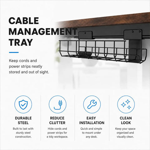 Cable management tray for organizing cords under a desk, made of durable steel, suitable for use with the 63 By 30 Inch Heavy Duty Dual Motor Electric Standing Desk Slick Curve Top Rock Solid Height Adjustable Sit Stand Workstation Zero Hassle Silent Lift Preset Memory For Home Office Workspace.