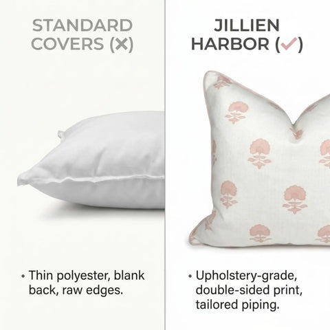 Floral Block Print Pillow Cover In Blush Pink And Off White For Cozy Grandmillennial Decor 20x20 Decorative Throw Pillow Case With Durable Upholstery Fabric Tailored Light Pink Piping And Vintage Chic Vibe. double-sided print pillow cover with floral design