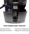 Black Espresso Machine With 54 Oz Tank And Ceramic Burr Grinder Delivering Barista Level Brews At Home featuring front loading water reservoir.