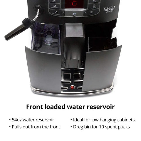 Black Espresso Machine With 54 Oz Tank And Ceramic Burr Grinder Delivering Barista Level Brews At Home featuring front loading water reservoir.