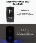 Whip Lights Rocker Switch With Wiring Harness Kit showing off and on states with blue LED backlight for UTV ATV