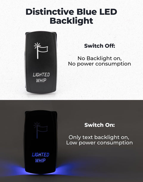 Whip Lights Rocker Switch With Wiring Harness Kit showing off and on states with blue LED backlight for UTV ATV