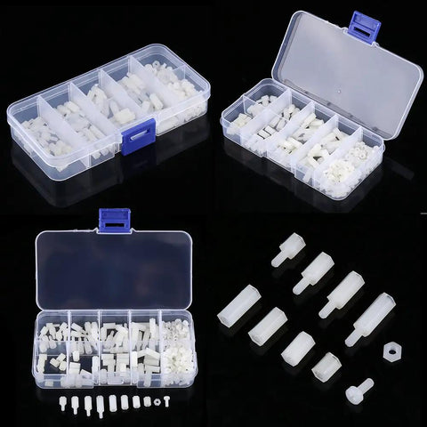 Built Tough Top Shelf M2.5 Hex Nylon Standoff Spacer Kit Featuring 200 Pieces Of Assorted Male And Female Mounts Screws And Nuts For Professional Tech Builds Daily in a clear organizer box.