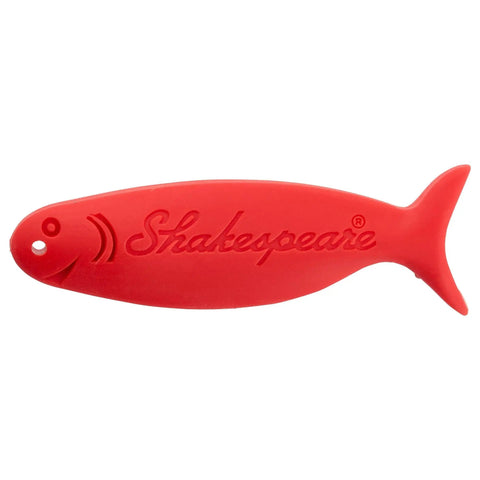 Red fish-shaped practice casting plug for Disney Toy Story Kids Fishing Beginner Kit With 2 Ft 6 In All In One Rod And Reel Kid Friendly Gel Tech Comfort Grip For Small Hands Dimpled Handle Textured Push Button Safe Hook Keeper Includes Practice Casting Plug.