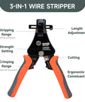 Close-up of 3 In 1 Automatic Wire Stripper With Built In Cutter Adjustable Stripper For 18-8 AWG And 22-10 AWG Insulated Terminals Precision Crimping Tool ICP-510 Pro Grade Must Have For Any DIYer showing features labels.
