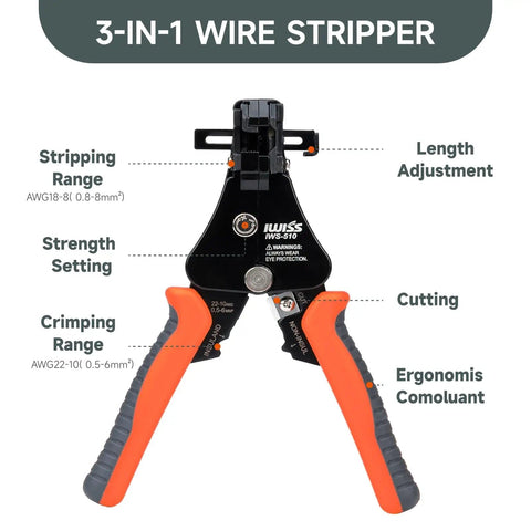 Close-up of 3 In 1 Automatic Wire Stripper With Built In Cutter Adjustable Stripper For 18-8 AWG And 22-10 AWG Insulated Terminals Precision Crimping Tool ICP-510 Pro Grade Must Have For Any DIYer showing features labels.
