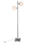 Two Light Floor Lamp With Glass Shade In Nickel And White Milk Finish Tall 70.5 Inch Standing Lamp With 14 Inch Square Base 8 Foot Cord Uses E26 Bulbs From LED To Incandescent For A Cozy Modern Glow