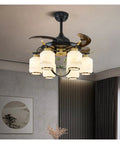 Sharp Chinese Style Crystal Ceiling Fan Chandelier For Living Room with five frosted glass lights and stylish blades.