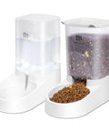 Straight Up Gravity Dog And Cat Feeder Set With Auto Water Dispenser And Leak Proof Basin Plus Wide Flow Spout One Gallon Capacity For Puppies Kittens And Small Pets Solid Dual Station pet feeder with water and food compartments.