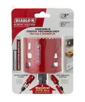 Diablo bi-metal hole saw, 3-inch diameter, red with variable-tooth design in blister packaging.