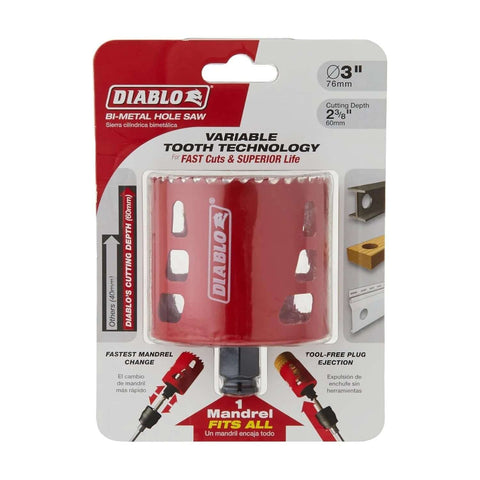 Diablo bi-metal hole saw, 3-inch diameter, red with variable-tooth design in blister packaging.