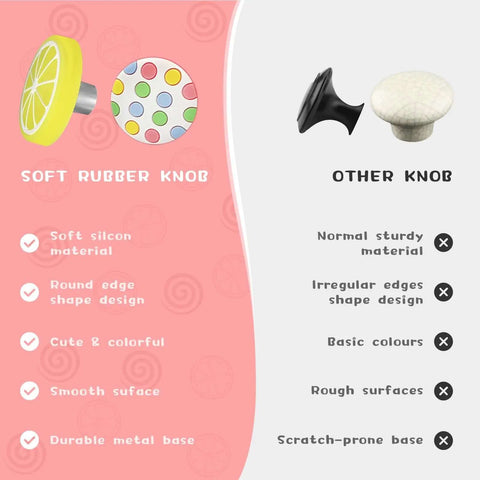 Comparative image showing Soft Rubber Knob features vs. Other Knob design for Six Piece Set Lemon Yellow Cartoon Cabinet Drawer Knobs.