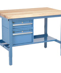 Beefy Maple Top Workbench With Two Deep Drawers And Lower Shelf Height Adjustable Steel Legs Five Thousand Pound Capacity Rock Solid Shop Station Built Like A Tank For Any Garage Job In Classic Blue, showcasing two deep drawers.