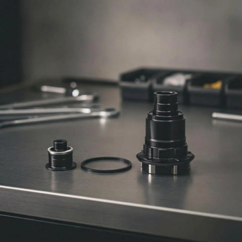 Driver Hub Body For XD XDR 11 12 Speed Cassettes Aluminum Alloy Wheel Hub Part on workbench, with ring and smaller adapter
