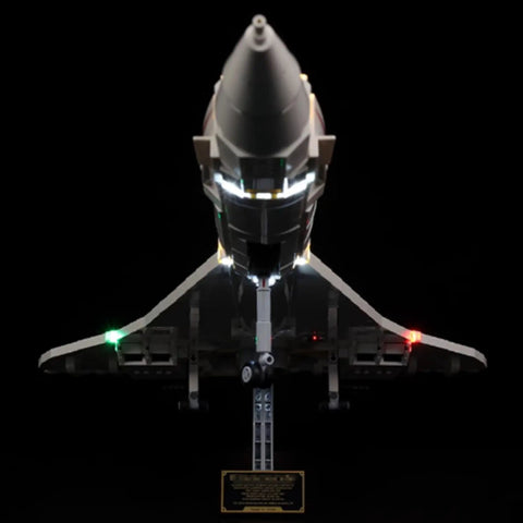 Front view of LED Lighting Kit for 10318 Concorde Aircraft Model illuminating a model, remote control style, USB powered.