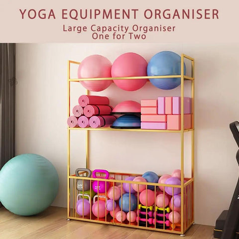 No Sweat Heavy Duty Metal Yoga Mat Storage Rack And Commercial Floor Standing Gym Organizer Shelf with fitness gear.