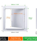 Rock Hard Eight By Eight Inch Drywall Access Panel Two Pack ABS Plastic Wall Cover Plate dimensions illustration with sizes.