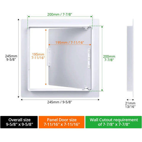 Rock Hard Eight By Eight Inch Drywall Access Panel Two Pack ABS Plastic Wall Cover Plate dimensions illustration with sizes.