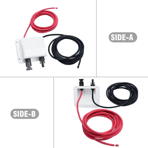 Side view of 10Ft 10AWG Solar Cable Entry Gland Box with Dual Cable Entry, UV Resistant White ABS Housing for RVs, Caravans, Boats, Campers.