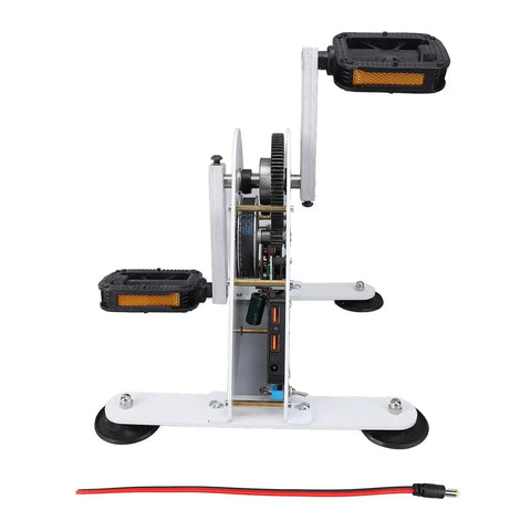 Off The Grid Ready 100W Pedal Power Generator With Sturdy Frame And Noiseless Belt Drive side view showing pedal and USB ports.