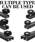Eight Pack T Track Knob Kit With Four Star Knobs And Skeleton Knobs attached to track for woodworking jigs and fixtures