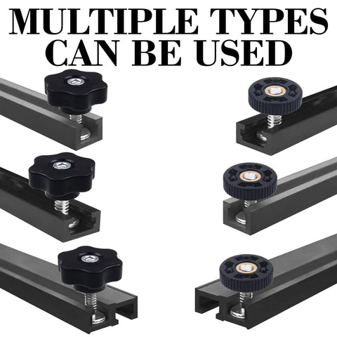 Eight Pack T Track Knob Kit With Four Star Knobs And Skeleton Knobs attached to track for woodworking jigs and fixtures