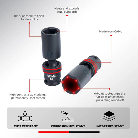 Three Eighth Inch Drive Universal Impact Socket Set With 17 Pieces Deep Swivel Wobble Sockets Flexible 6 Point Metric 8 To 19mm Chromium Molybdenum Alloy Includes 3 Inch And 6 Inch Extensions And Adapter Built Tough For Pro Jobs, black phosphate finish, showing size markings and six-point grip.