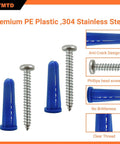 Masonry Wall Anchors And Screws Kit Easy Install 200 Pieces With 100 Anchors 100 Screws Blue 7x27mm M4x30mm For Brick And Concrete Solid Walls