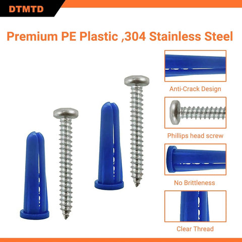 Masonry Wall Anchors And Screws Kit Easy Install 200 Pieces With 100 Anchors 100 Screws Blue 7x27mm M4x30mm For Brick And Concrete Solid Walls