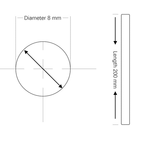 Diagram of Two 8mm By 200mm Case Hardened Chrome Linear Rail Shafts For 3D Printers CNC Machines And DIY Projects Pro Grade Durability High Hardness 55 60 HRC Chrome Plated Precision With Metric H8 Tolerance 2 Pack, showing 8mm diameter and 200mm length measurements.