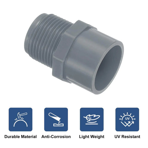 Close-up of grey PVC male adapter pipe fitting, durable and UV resistant, from 10 Pack PVC Male Adapter Pipe Fittings Three Quarter Inch 2 Way Socket To Male Thread Hose Connection Couplings With Sealant Tape For No Fuss DIY Plumbing And Water Line Projects Grey