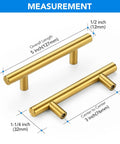 Measurement diagram of brushed stainless steel cabinet handles with 3 inch center to center hole spacing, 10-pack, brushed brass finish.