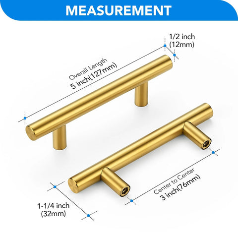 Measurement diagram of brushed stainless steel cabinet handles with 3 inch center to center hole spacing, 10-pack, brushed brass finish.