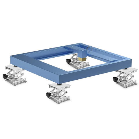 4 Pack Stainless Steel Scissor Lift Table Jack For Laser Engraver Adjustable Height Stand with blue frame and silver jacks.