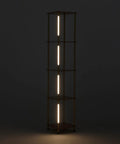 Gold Brass Floor Lamp With Wooden Shelf And Built In Wireless Charging Station Narrow Free Standing LED Column Tower