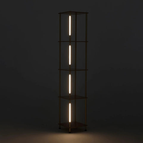 Gold Brass Floor Lamp With Wooden Shelf And Built In Wireless Charging Station Narrow Free Standing LED Column Tower