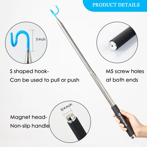 Telescoping Pickup Tool With Magnetic Hook and S Shaped Grabber Pole, Extends From 13.75 Inches To 10 Feet, Lightweight Stainless Steel Reacher For Reaching Above Ceilings And Hard To Reach Places, Grabbing And Guiding Items