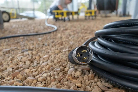 Heavy Duty 50 Amp Generator Extension Cord 100 Feet Jobsite Power Distribution Splitter with twist lock end on gravel surface.