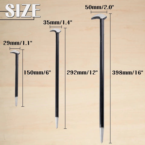 Heavy Duty Rolling Head Indexing Pry Bar Set Three Piece Carbon Steel Kit sizes ranging from 6 to 16 inches for auto body work.