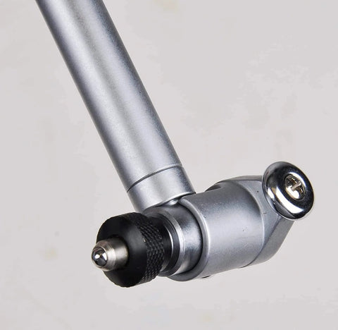 Cylinder dial bore gauge head in silver metal with knurled adjustment knob and probe tip (side view)