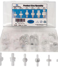 28-piece white plastic check valve kit with plug-in barb fittings (1/8–1/2 in)