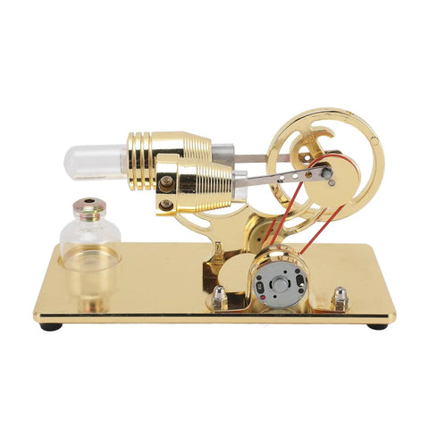 LED Powered Stirling Engine Model With Flywheel Light Up Demonstration For Science Projects Power Generator Educational Toy For Kids And Adults Aluminum Alloy Glass Gold Finish on gold base with alcohol burner and LED