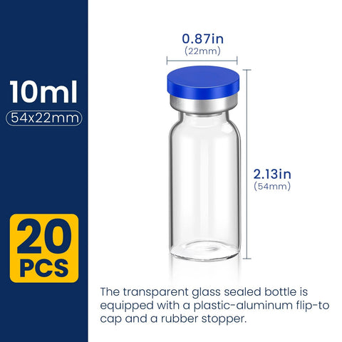 Sterile 10ml glass vial with blue sealing cap, 20-pack