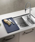 Modern kitchen sink with breadboard and knife, featuring Weathered Nickel Drawer Handles Six Pack With 5.04 Inch Center To Center Antique Iron Cabinet Pulls.