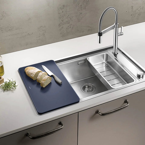 Modern kitchen sink with breadboard and knife, featuring Weathered Nickel Drawer Handles Six Pack With 5.04 Inch Center To Center Antique Iron Cabinet Pulls.