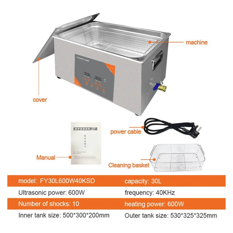 Hualuck 6 Liter Digital Ultrasonic Cleaner With Heat Function Heated Bath Tank showing 30L stainless steel cleaner, control panel, and accessories.