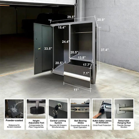 Heavy Duty Industrial Storage Cabinet With Integrated Wooden Workbench And Steel Tool Chest Organizer for garage setup, showcasing dimensions and features.