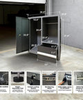 Killer Garage Cabinet Set With Workbench And Overhead Racks showing dimensions, heavy duty cold rolled steel, and features.