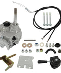 Beefed Up Go Kart Forward Reverse Gearbox With Snappy Three Speed Shifts Featuring A Plug And Play Setup Delivering Killer Performance For Four Stroke Engines Up To Thirteen Horsepower, complete gearbox assembly with cables and hardware.