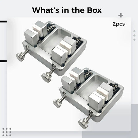 Solid Aluminum Soldering Wire Fixture With Ceramic Jaws And 4-Position Circuit Board Mounting Clamp set of two, showcasing CNC machined aluminum base.